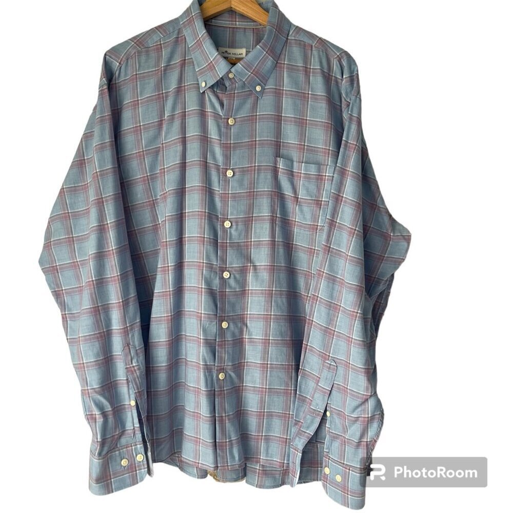 Peter Millar Shirt Mens Size XXL Blue Plaid 100% Cotton Button Down Preppy Golf